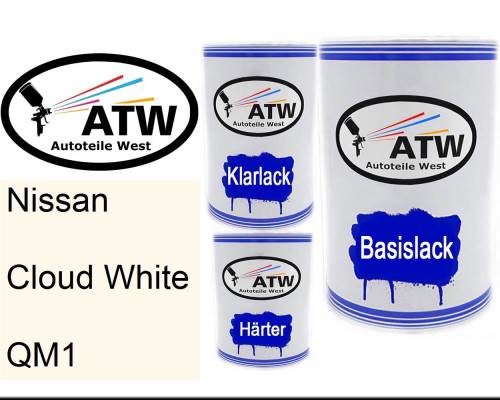 Nissan, Cloud White, QM1: 500ml Lackdose + 500ml Klarlack + 250ml Härter - Set, von ATW Autoteile West.